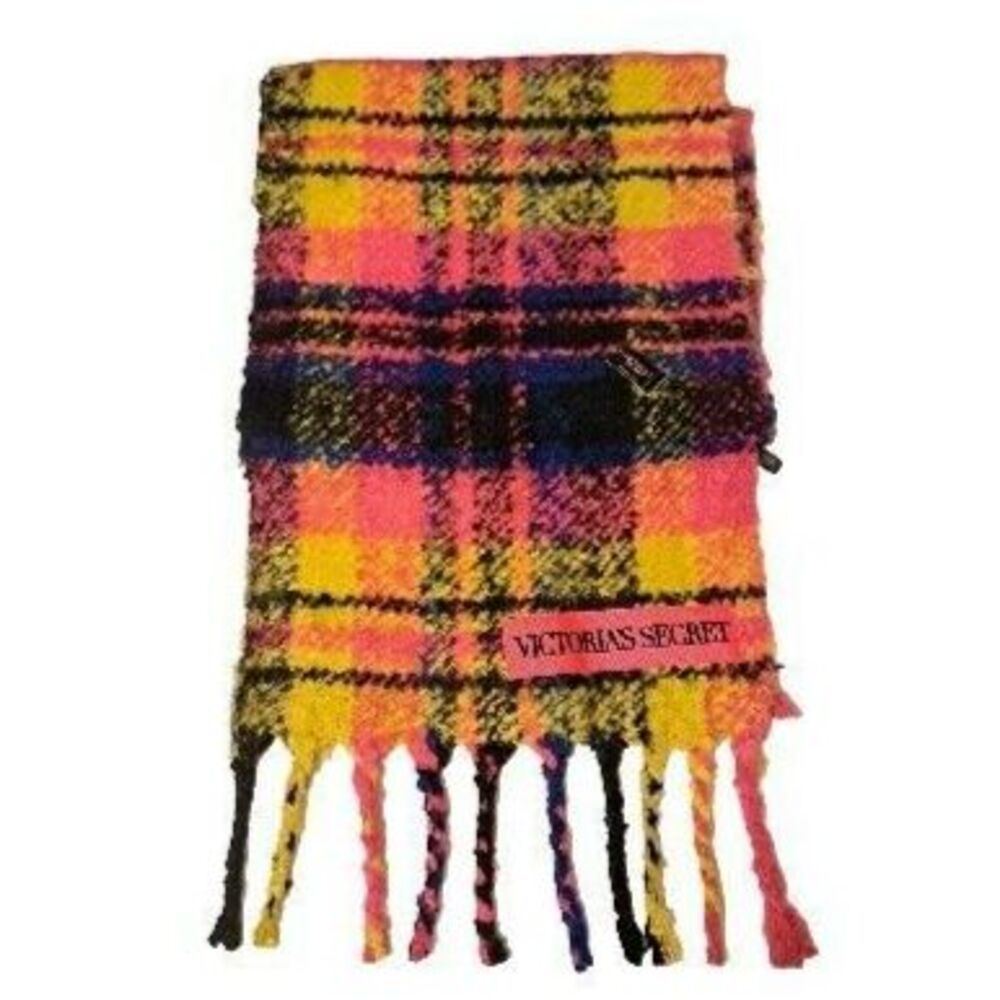 Victoria's Secret Fuzzy Bright Soft Knit Plaid Scarf Fringe Pink Yellow 77"×12"
